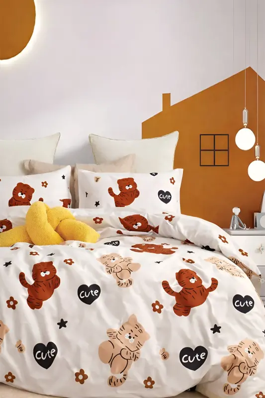 Elastic Fitted Sheet Duvet Cover Set Double Size PUMPKİN-Pumpkin Beige - İQON