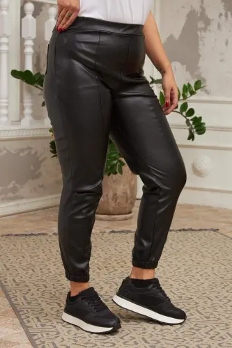 Elastic Hem Side Zippered Black Leather Pants - BÜYÜKBEDENIZ (1)