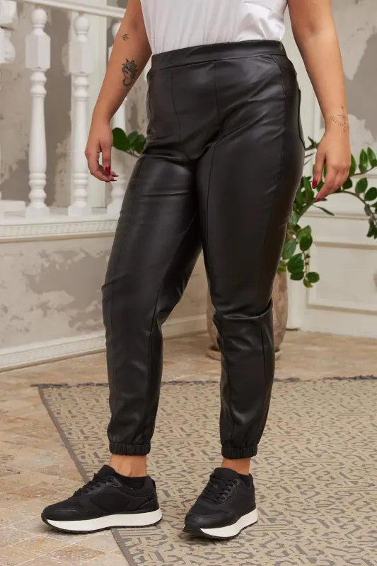 Elastic Hem Side Zippered Black Leather Pants - 3