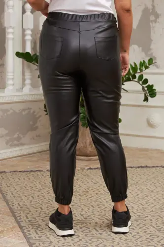 Elastic Hem Side Zippered Black Leather Pants - 4
