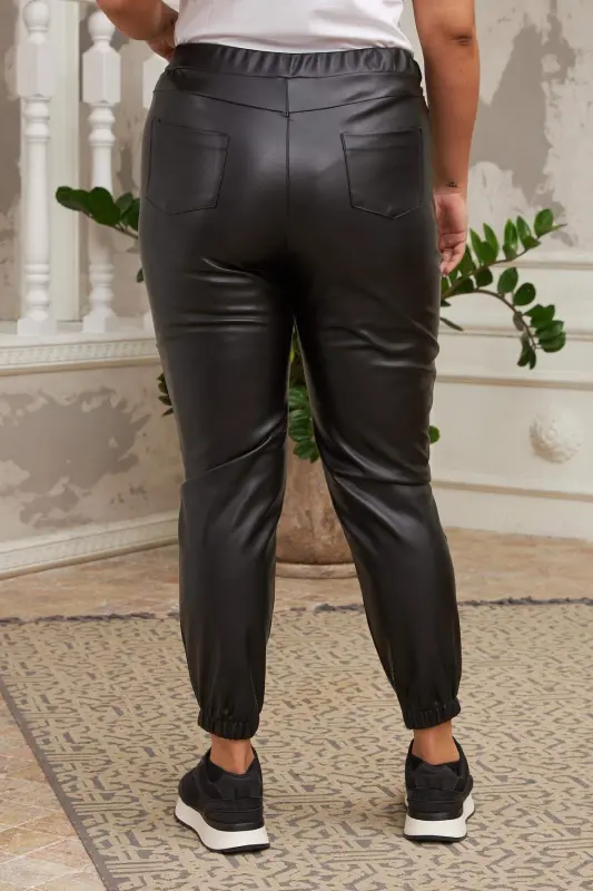 Elastic Hem Side Zippered Black Leather Pants - 4