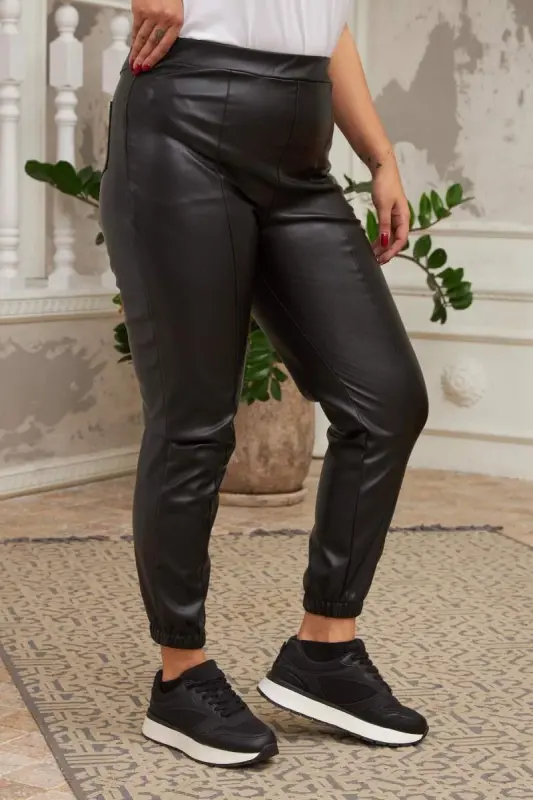 Elastic Hem Side Zippered Black Leather Pants - 2