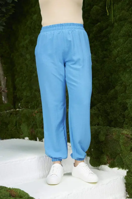 Elastic Waist Aerobin Plus Size Blue Pants - 1