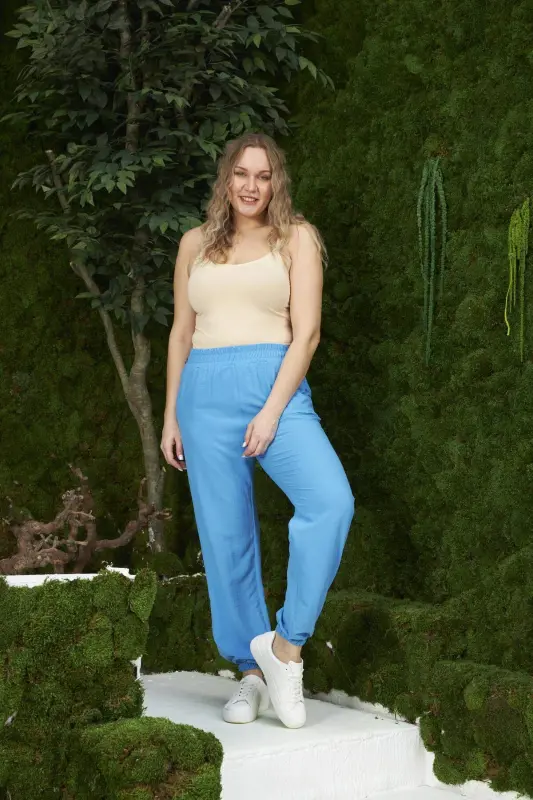 Elastic Waist Aerobin Plus Size Blue Pants - 5