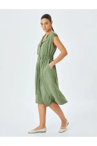Elastic Waist Belt Detailed Sleeveless Midi Dress With Pockets - 1