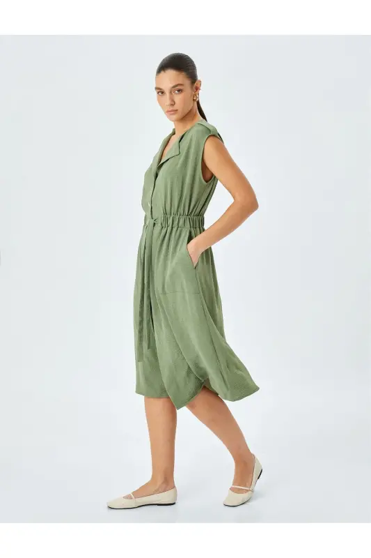 Elastic Waist Belt Detailed Sleeveless Midi Dress With Pockets - 1