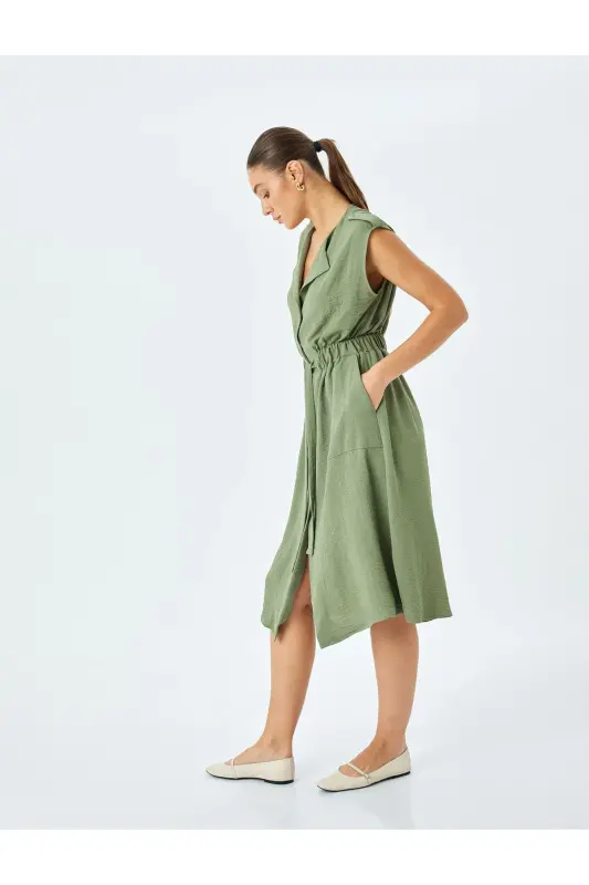 Elastic Waist Belt Detailed Sleeveless Midi Dress With Pockets - 2