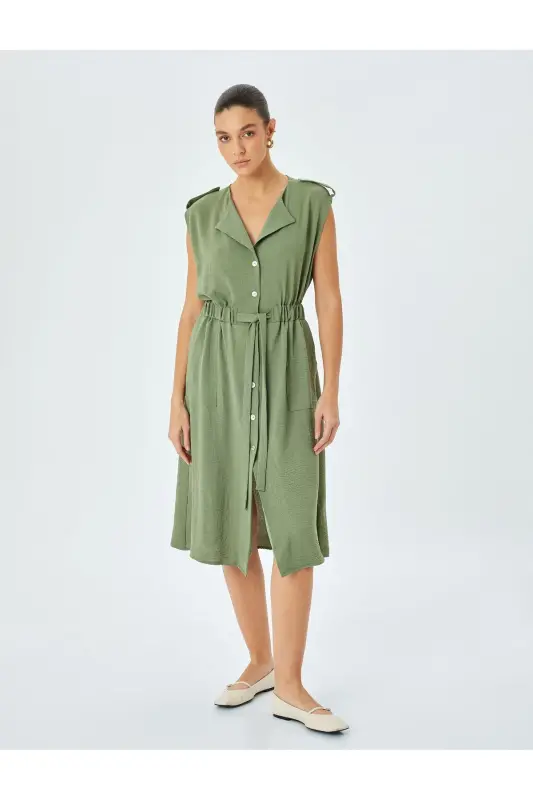 Elastic Waist Belt Detailed Sleeveless Midi Dress With Pockets - 3