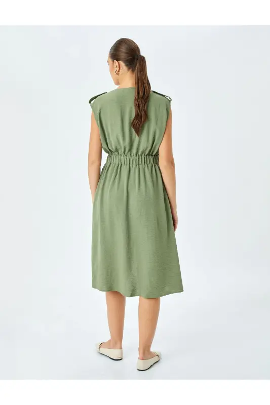 Elastic Waist Belt Detailed Sleeveless Midi Dress With Pockets - 4