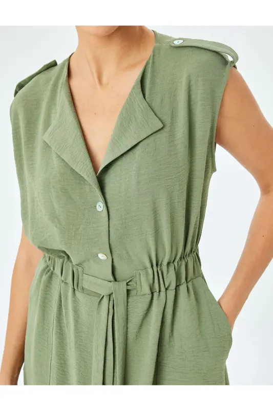 Elastic Waist Belt Detailed Sleeveless Midi Dress With Pockets - 5