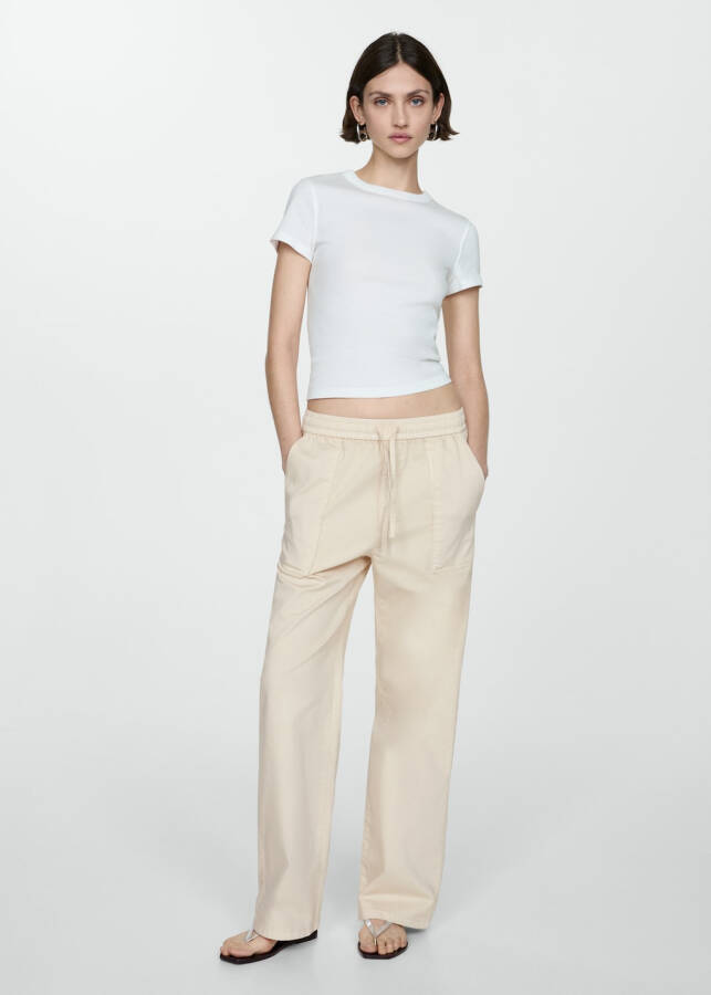 Elastic waist, cotton pants - Off White - 4