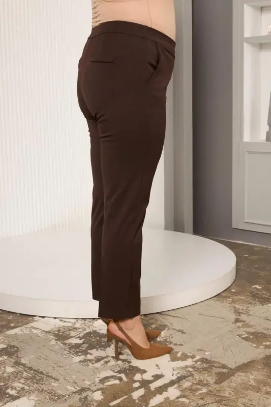 Elastic Waist Hem Mini Slit Plus Size Brown Fabric Pants - 2