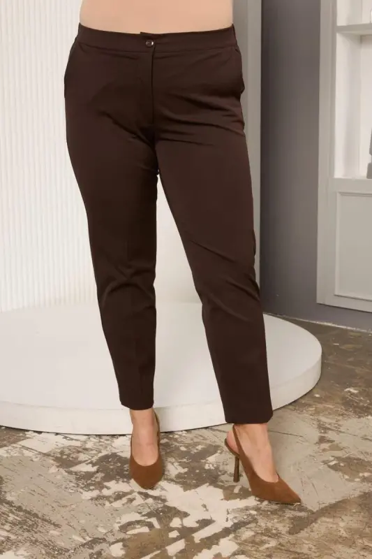 Elastic Waist Hem Mini Slit Plus Size Brown Fabric Pants - 3