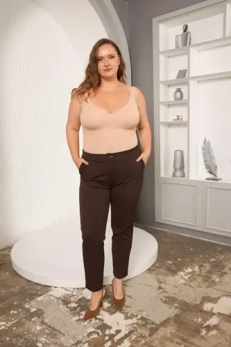 Elastic Waist Hem Mini Slit Plus Size Brown Fabric Pants - 4