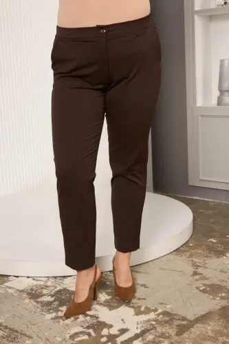 Elastic Waist Hem Mini Slit Plus Size Brown Fabric Pants - 5