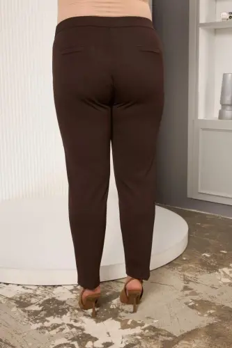 Elastic Waist Hem Mini Slit Plus Size Brown Fabric Pants - 6