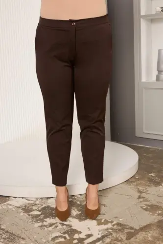 Elastic Waist Hem Mini Slit Plus Size Brown Fabric Pants - 1