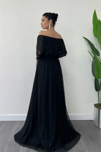 Elastic Waist Lace Dress - Black - 5