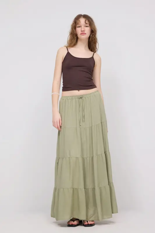 Elastic Waist Lined Long Skirt E16250-E10-Oil Green - ADDAX