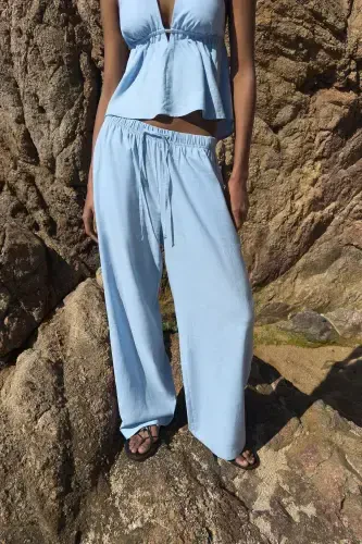 Elastic waist linen pants-Light blue - 1