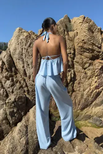 Elastic waist linen pants-Light blue - 3