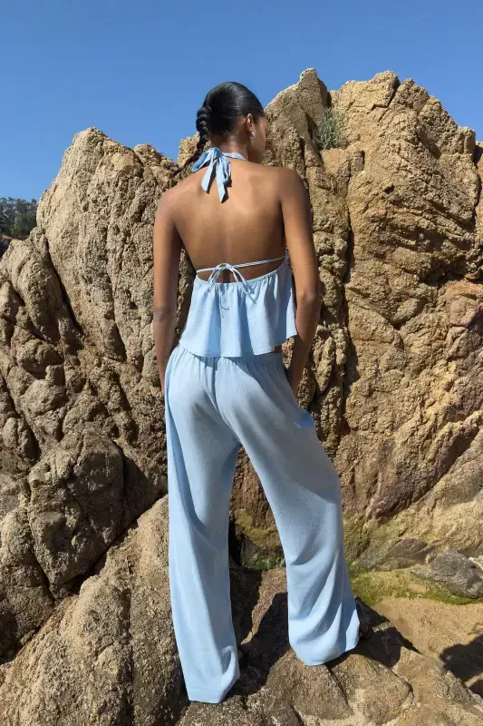 Elastic waist linen pants-Light blue - 3