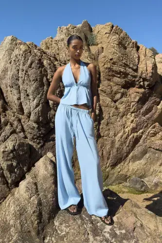 Elastic waist linen pants-Light blue - 4