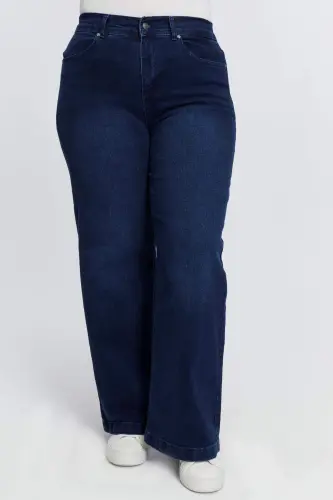 Elastic Waist Loose Leg Plus Size Denim Pants Navy Blue - 1