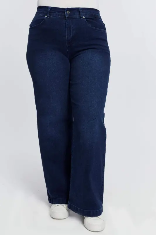 Elastic Waist Loose Leg Plus Size Denim Pants Navy Blue - BÜYÜKBEDENIZ