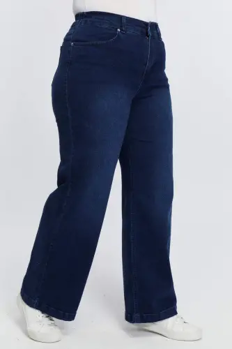 Elastic Waist Loose Leg Plus Size Denim Pants Navy Blue - BÜYÜKBEDENIZ (1)