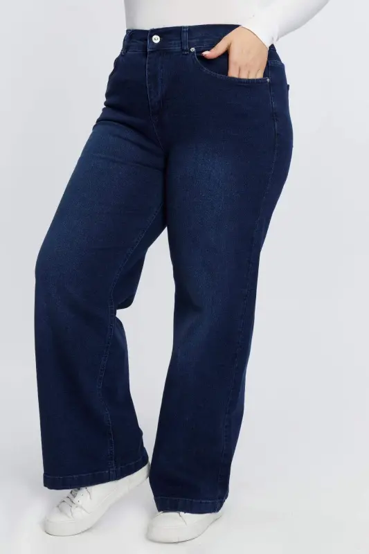 Elastic Waist Loose Leg Plus Size Denim Pants Navy Blue - 3