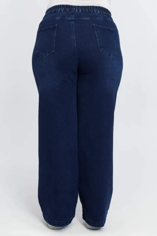 Elastic Waist Loose Leg Plus Size Denim Pants Navy Blue - 4