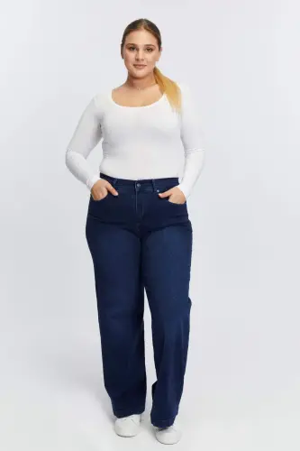 Elastic Waist Loose Leg Plus Size Denim Pants Navy Blue - 5