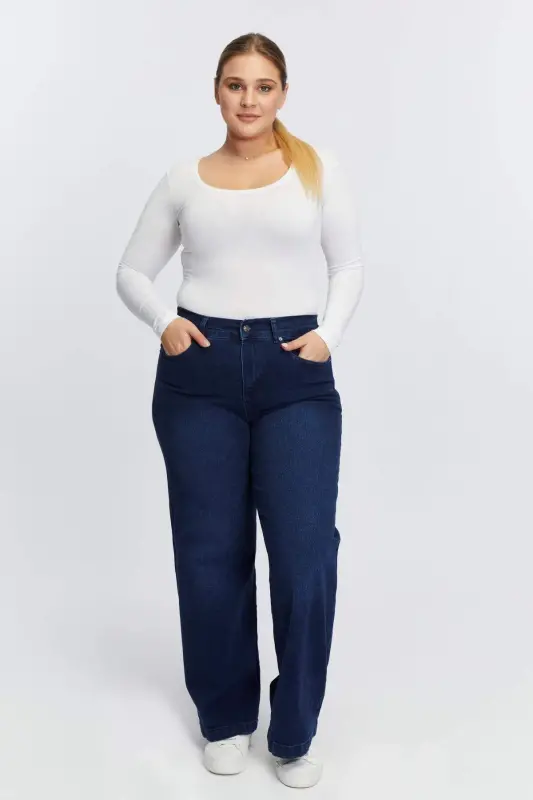 Elastic Waist Loose Leg Plus Size Denim Pants Navy Blue - 5