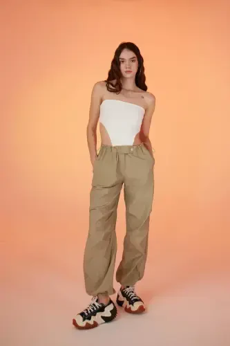 Elastic Waist Parachute Pants Beige with Adjustable Hem and Waist - 1