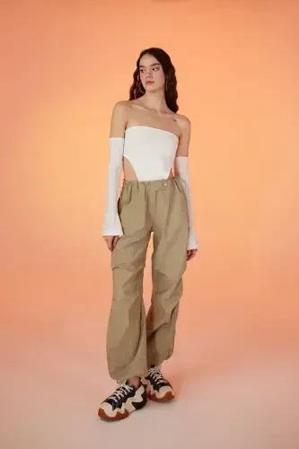 Elastic Waist Parachute Pants Beige with Adjustable Hem and Waist - 3