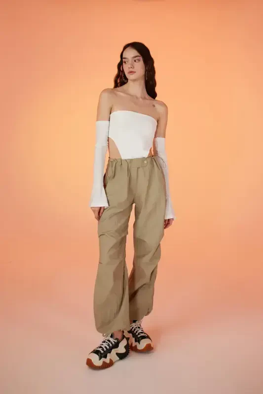 Elastic Waist Parachute Pants Beige with Adjustable Hem and Waist - 3