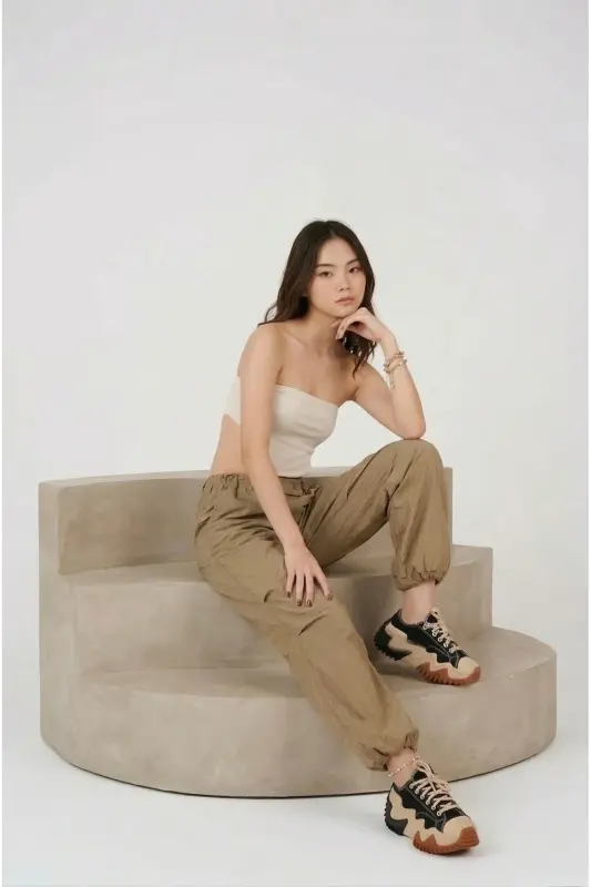 Elastic Waist Parachute Pants Beige with Adjustable Hem and Waist - 2