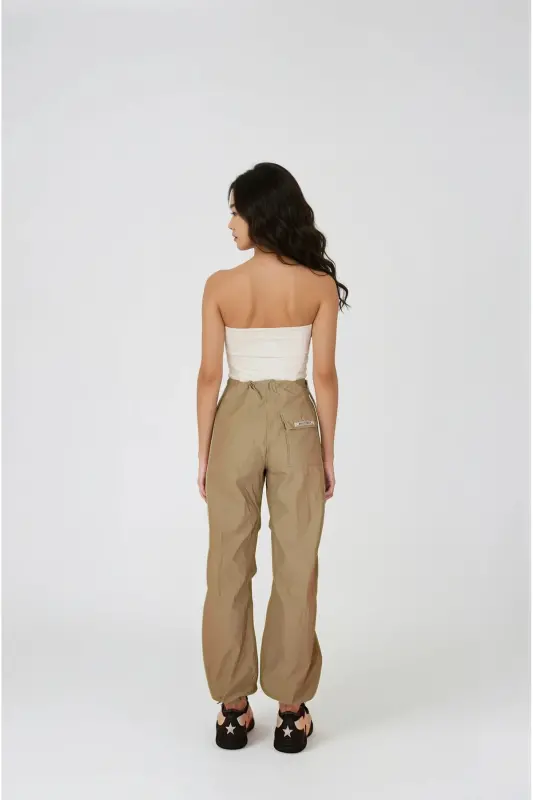 Elastic Waist Parachute Pants Beige with Adjustable Hem and Waist - 3