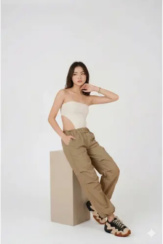 Elastic Waist Parachute Pants Beige with Adjustable Hem and Waist - 4