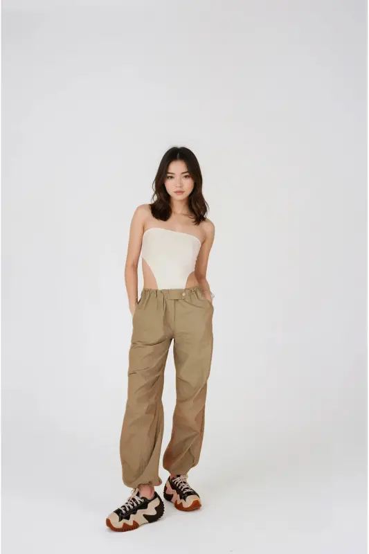Elastic Waist Parachute Pants Beige with Adjustable Hem and Waist - 2