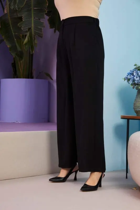 Elastic Waist Plus Size Aerobin Black Wide Leg Pants - 3
