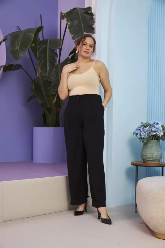 Elastic Waist Plus Size Aerobin Black Wide Leg Pants - 5