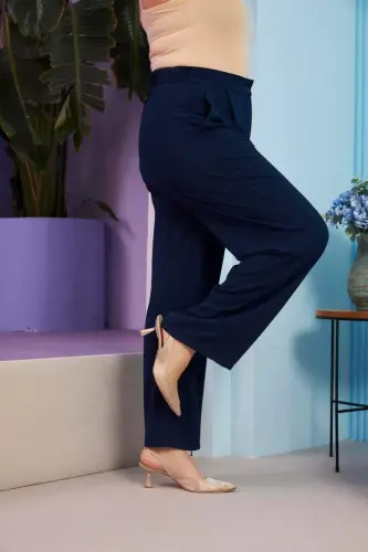 Elastic Waist Plus Size Aerobin Navy Blue Wide Leg Pants - BÜYÜKBEDENIZ (1)