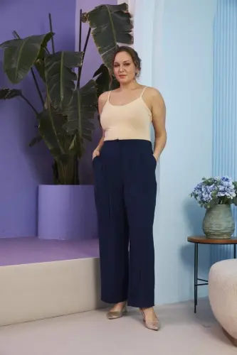 Elastic Waist Plus Size Aerobin Navy Blue Wide Leg Pants - 5