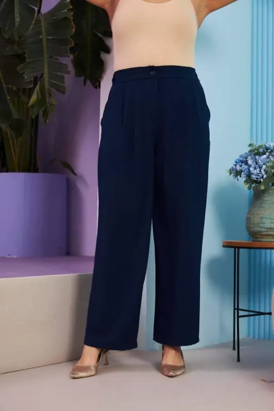 Elastic Waist Plus Size Aerobin Navy Blue Wide Leg Pants - BÜYÜKBEDENIZ