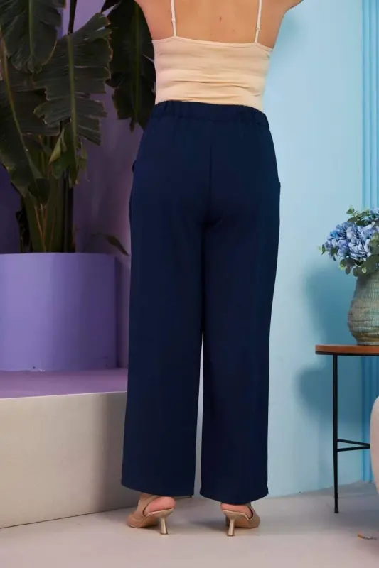 Elastic Waist Plus Size Aerobin Navy Blue Wide Leg Pants - 4