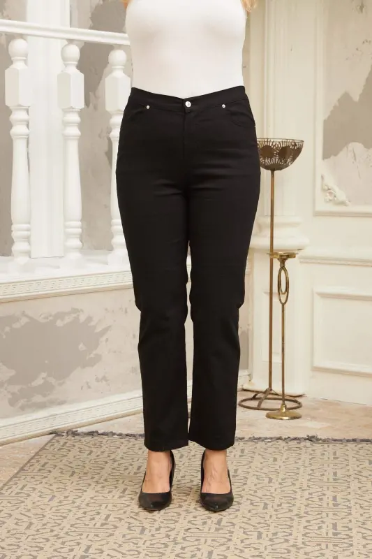 Elastic Waist Plus Size Black Cotton Pants - 1