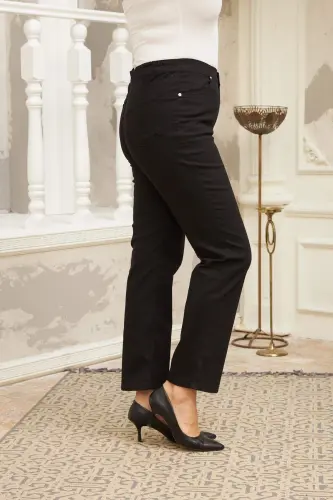 Elastic Waist Plus Size Black Cotton Pants - BÜYÜKBEDENIZ (1)
