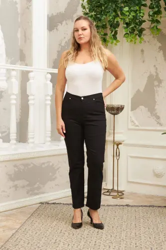 Elastic Waist Plus Size Black Cotton Pants - 5